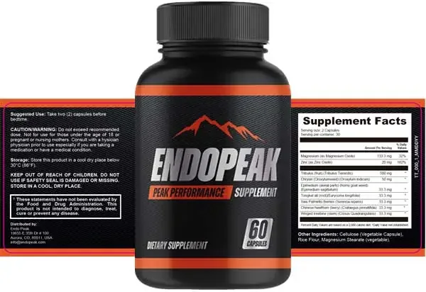 EndoPeak bottle label and Supplement Facts